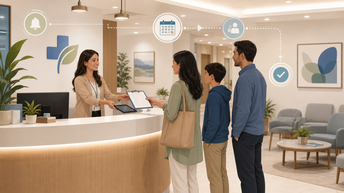 Receptionist hands a clipboard and tablet to a patient and family at the front desk
