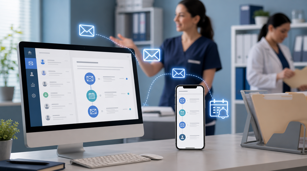 Staff review a laptop email campaign with reminder icons and folders in a clinic office
