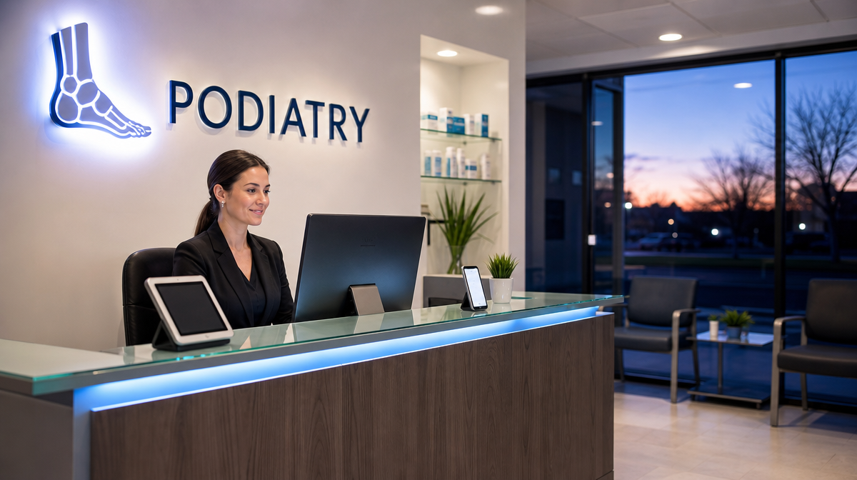 Receptionist at a modern podiatry clinic desk with tablet and scheduling screens