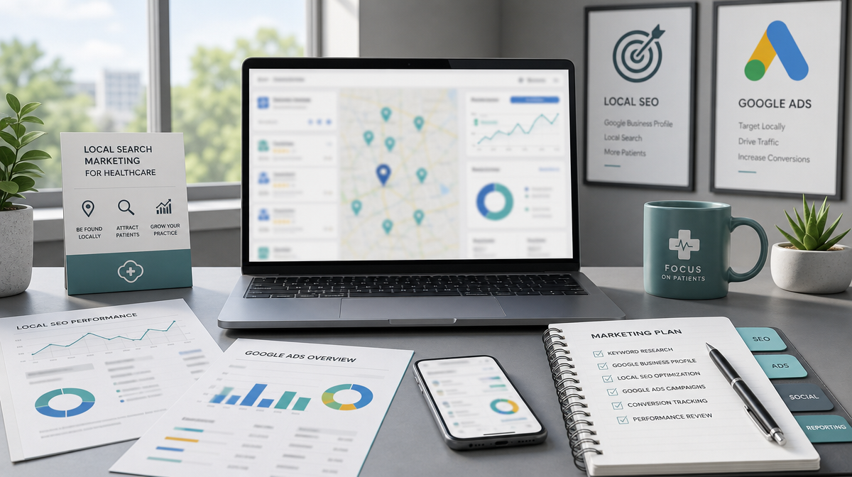 Laptop showing local search map pins and analytics for healthcare marketing