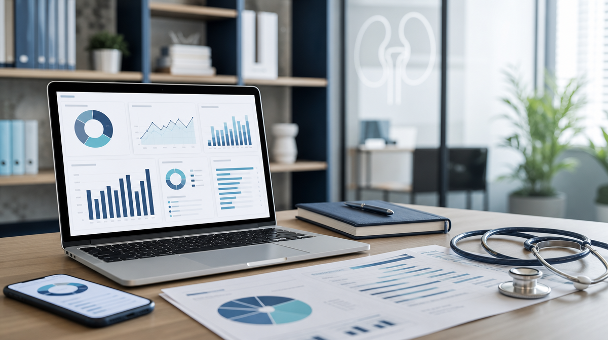 Laptop dashboard, charts, notebook, and stethoscope on a clinic desk