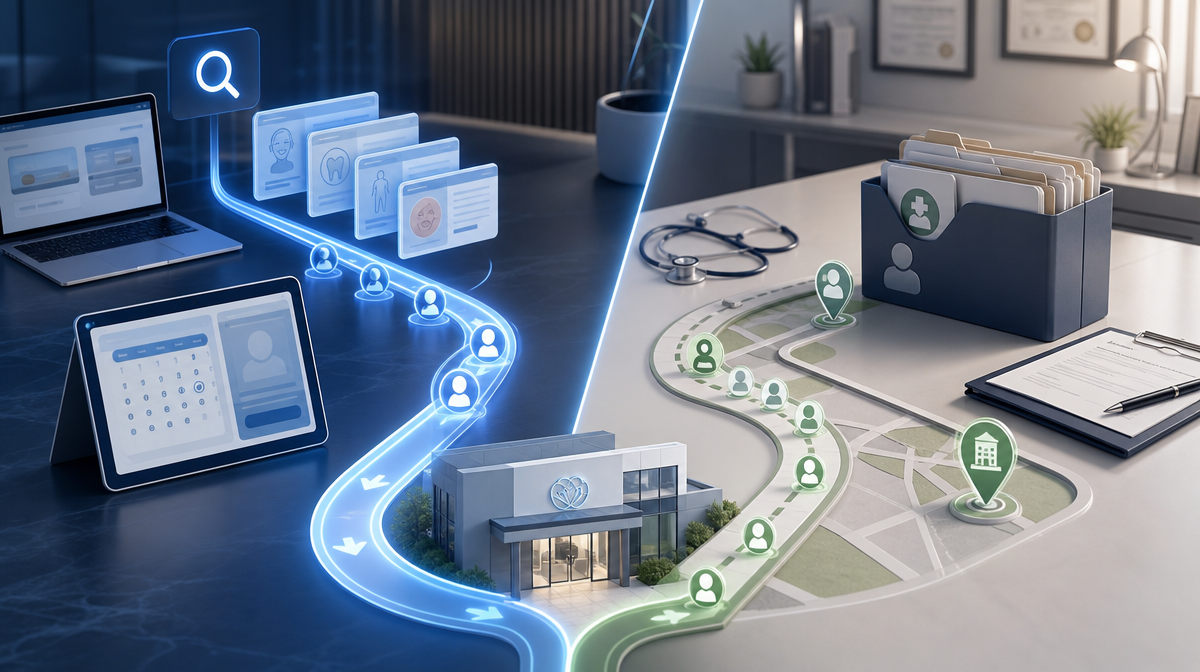 Split clinic workspace showing digital ads and booking on one side, referral map pins on the other