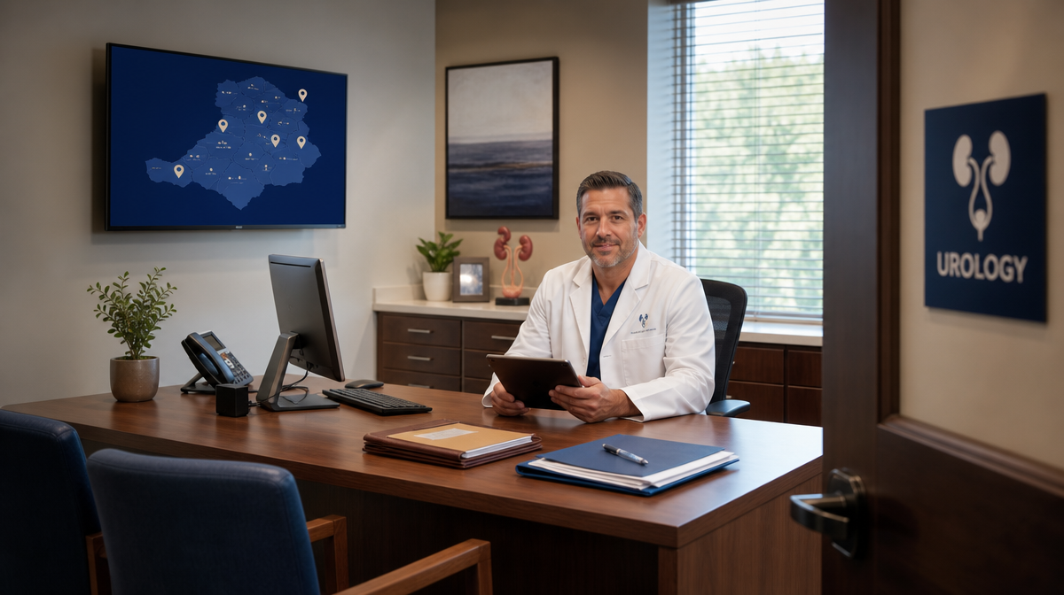 Physician reviewing a tablet at a desk with files, a phone, and a location monitor