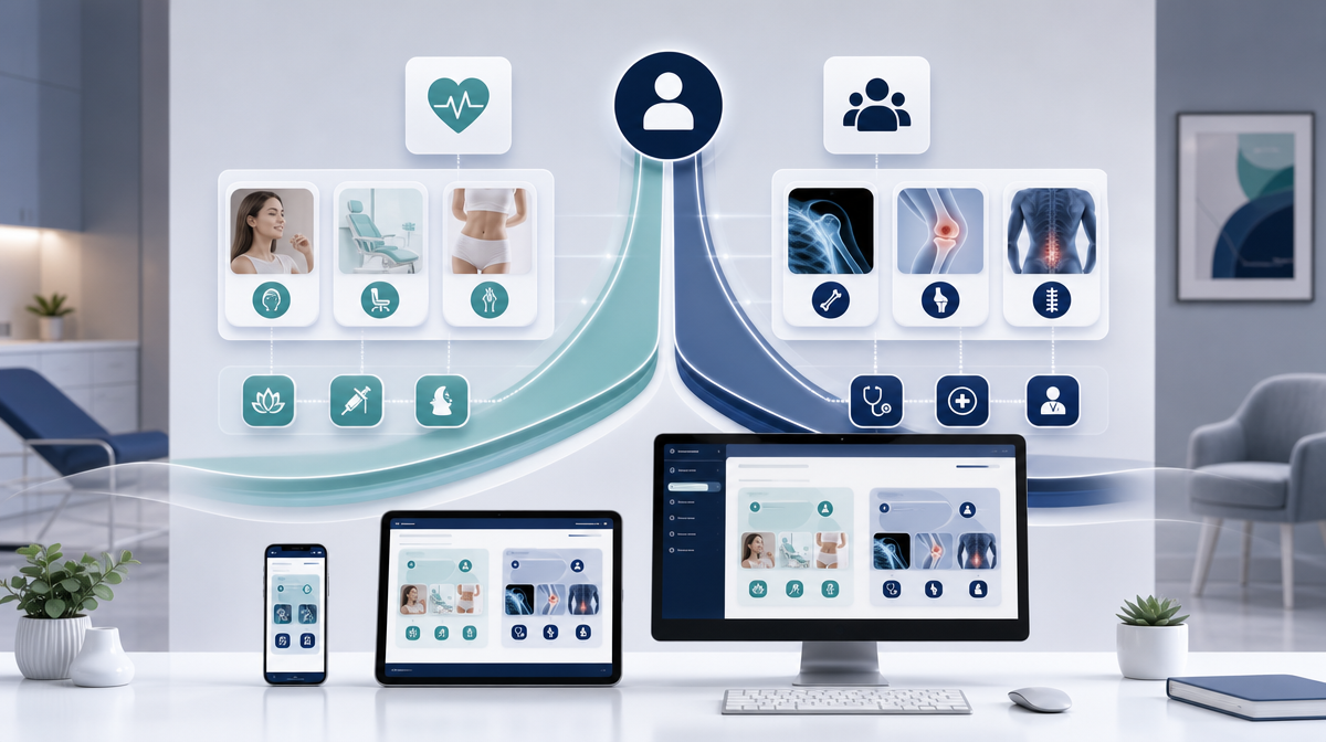 Layered website panels above a desk with phone, tablet, and desktop screens