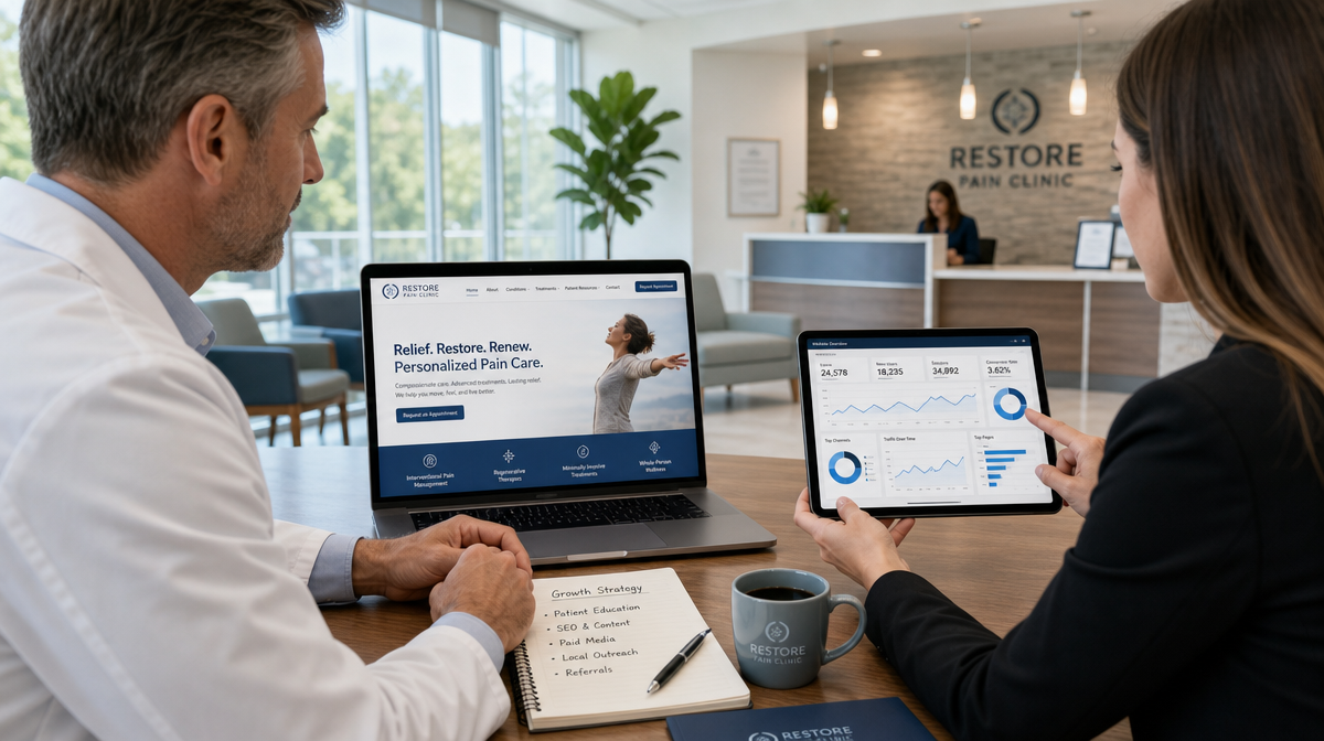 Physician and marketer review a pain clinic website mockup and analytics in a conference room