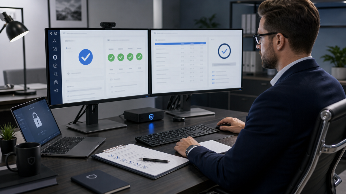 Team reviews ad approval checks on dual monitors in a compliant pain management clinic workspace