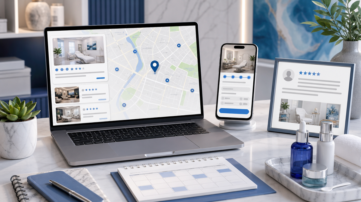 Laptop, phone, reviews, and calendar on a clean desk show local med spa search workflow.