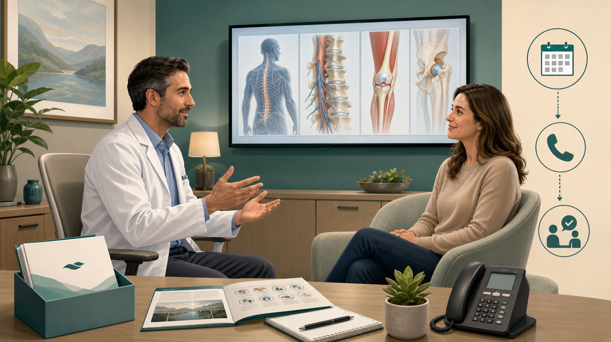 Clinician speaks with a seated patient in a consultation room with educational materials