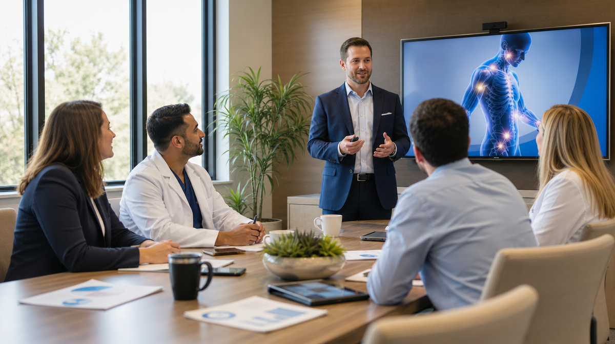 Clinic representative presents to primary care providers at a lunch-and-learn meeting