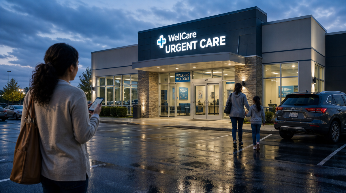 Person with phone heads toward urgent care clinic entrance at dusk, with a parent and child nearby.