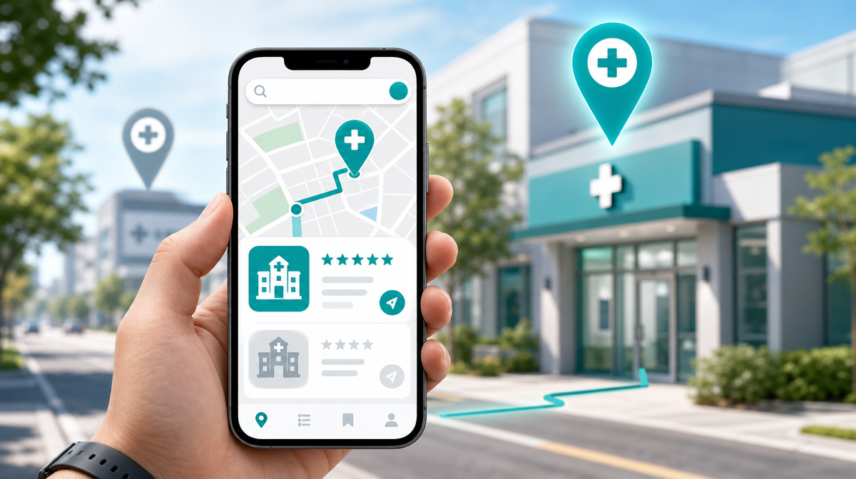 Handheld smartphone shows map pins and route to a nearby clinic.