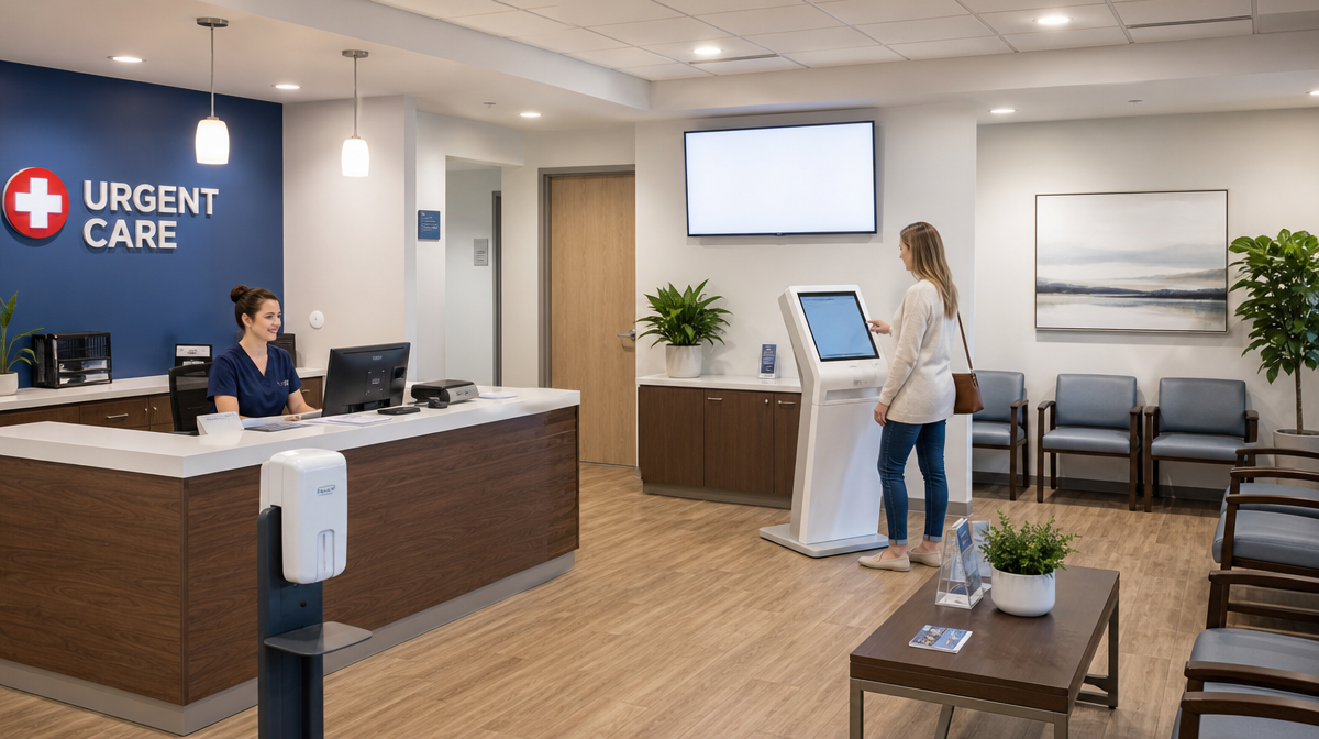 Patient checks in at a tablet kiosk inside a bright urgent care reception area.