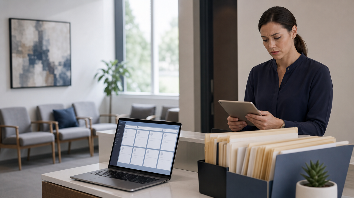 Psychiatry reception desk with a laptop, blank appointment cards, and a staff member reviewing files