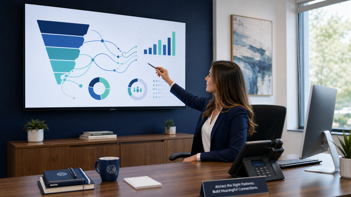 A marketing specialist points to unlabeled charts on a wall monitor in a psychiatry office