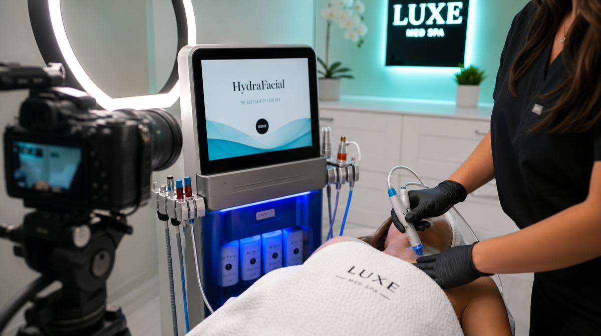 Technician works beside a HydraFacial device during a filmed treatment with ring lights.
