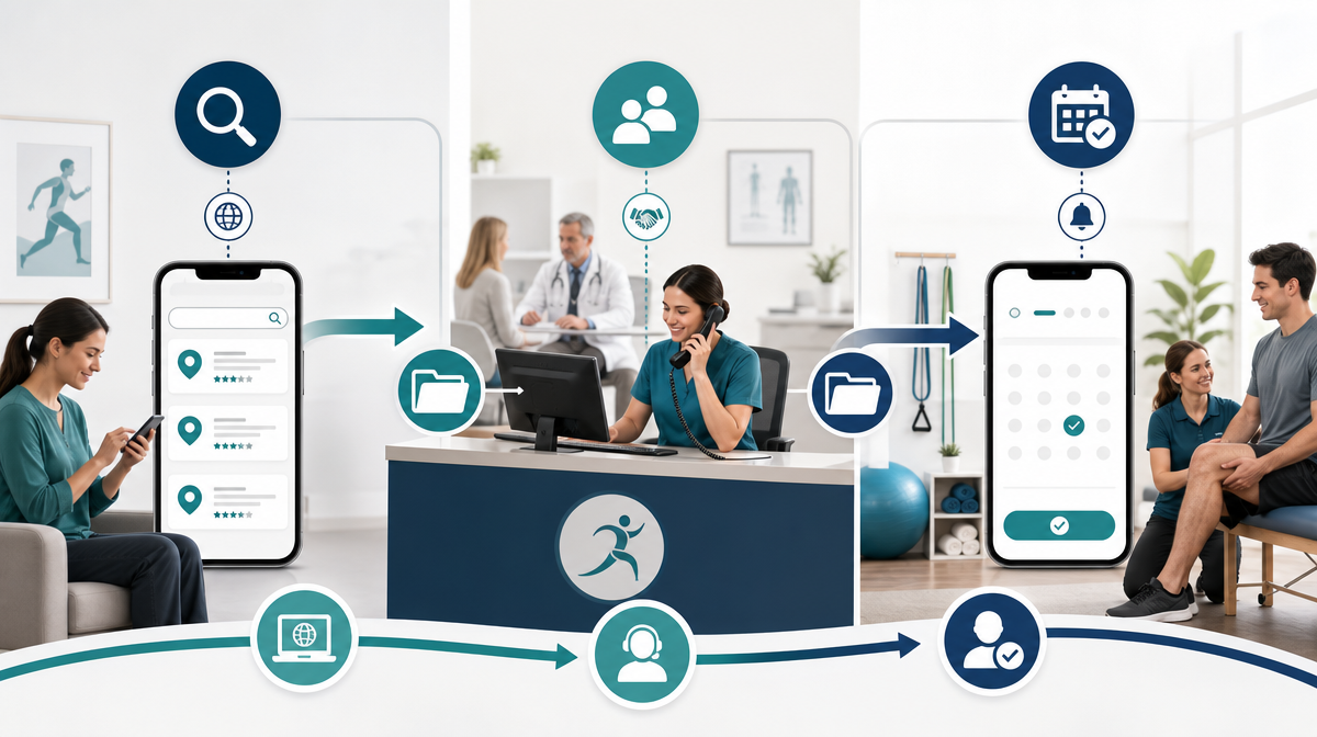Clinician, receptionist, and referral office scenes connected by arrows, phones, and folders in a patient booking flow.