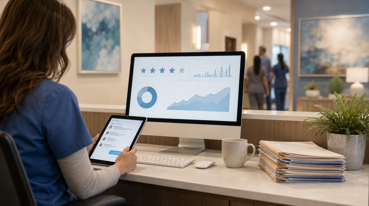 Front desk staff send follow-up messages on a tablet beside rating graphs, patient folders, and a plant.