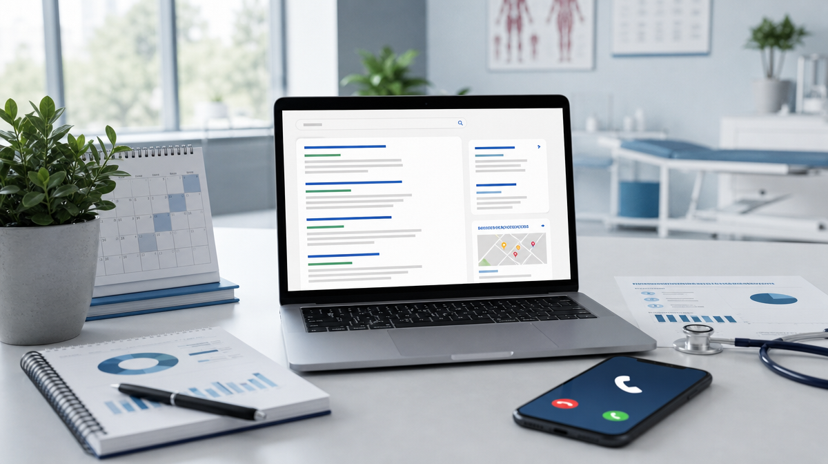 Doctor's desk with laptop search results, ad planning papers, calendar, and phone call alert