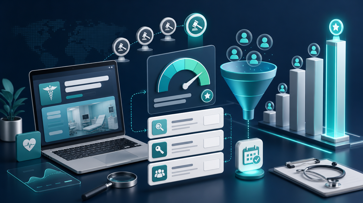 Healthcare analytics dashboard with bid icons, keyword cards, and funnel to clinic appointment