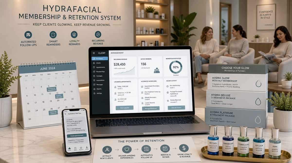 CRM laptop, treatment packages, and skincare bottles sit before a med spa lounge with waiting patients.