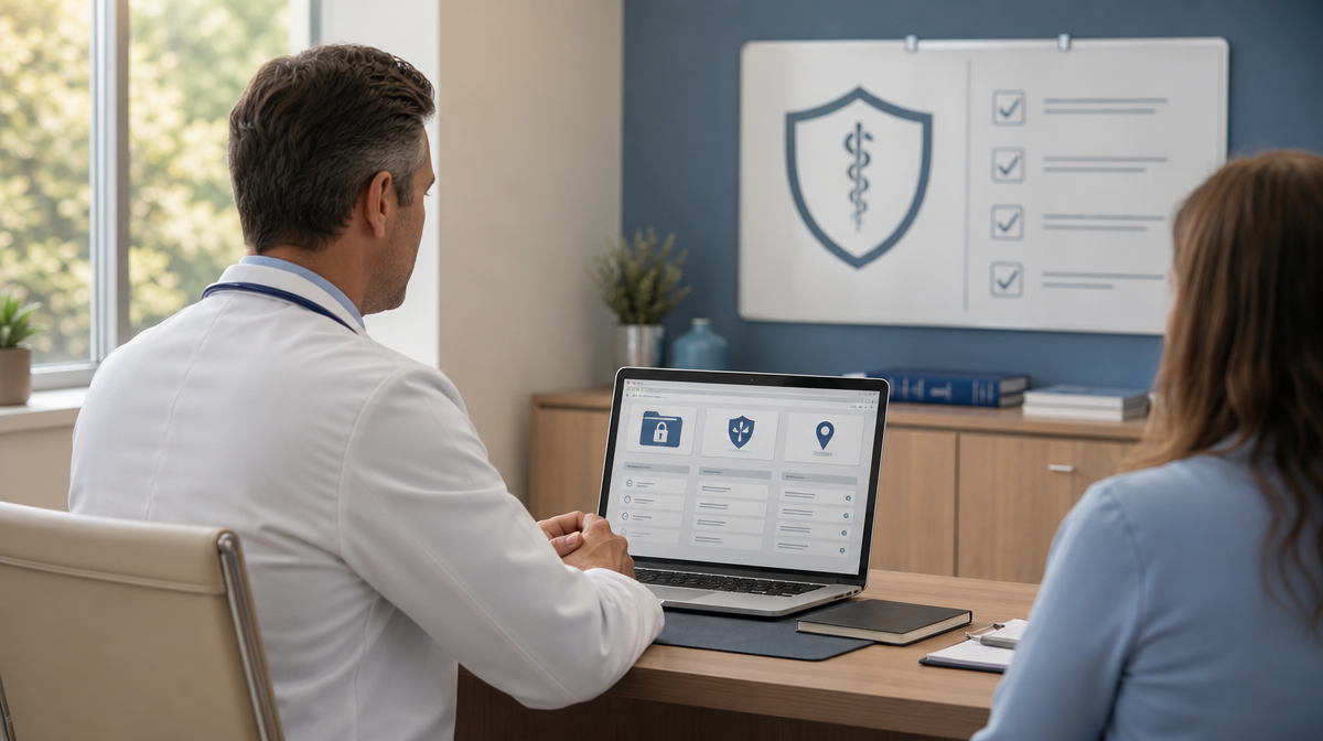 Doctor reviews secure campaign setup at laptop, with locked folder, shield, and map pin icons