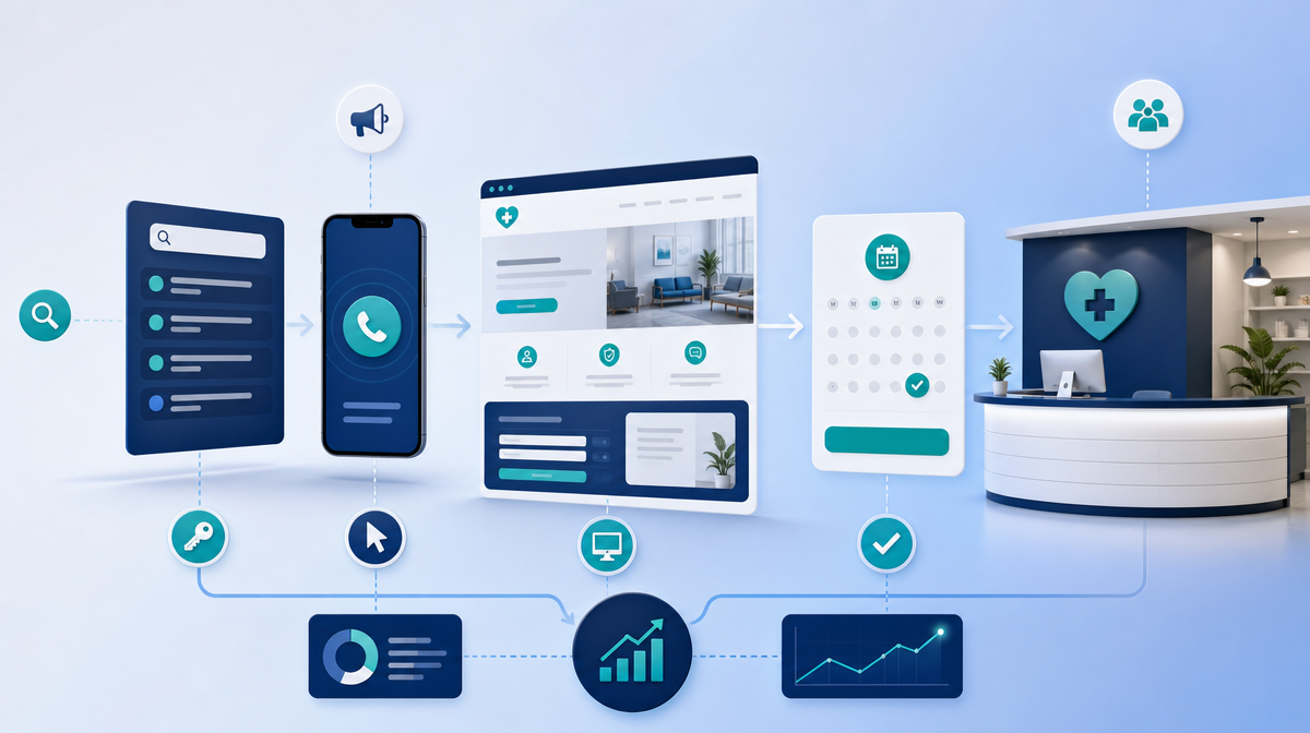 Medical practice growth funnel with phone call icon, booking calendar, landing page, and clinic desk
