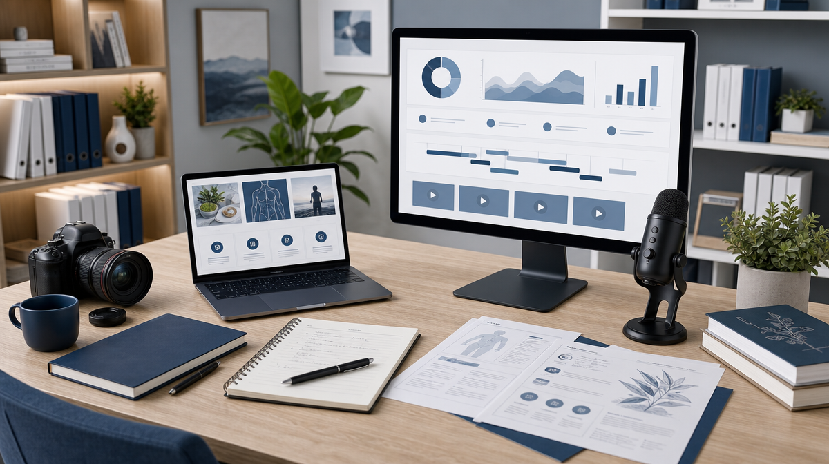 Laptop and marketing tools on a desk beside analytics screens and research papers.