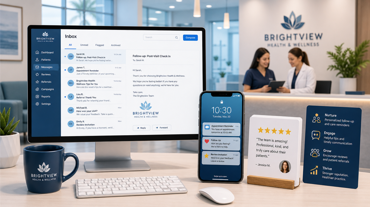 Receptionist and clinician work behind a desk with email, phone alerts, and review cards.