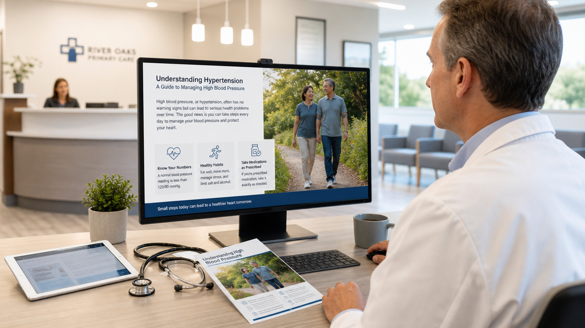 Physician reviews health content on a desktop monitor in a modern medical office, with stethoscope, tablet, and handouts nearby.