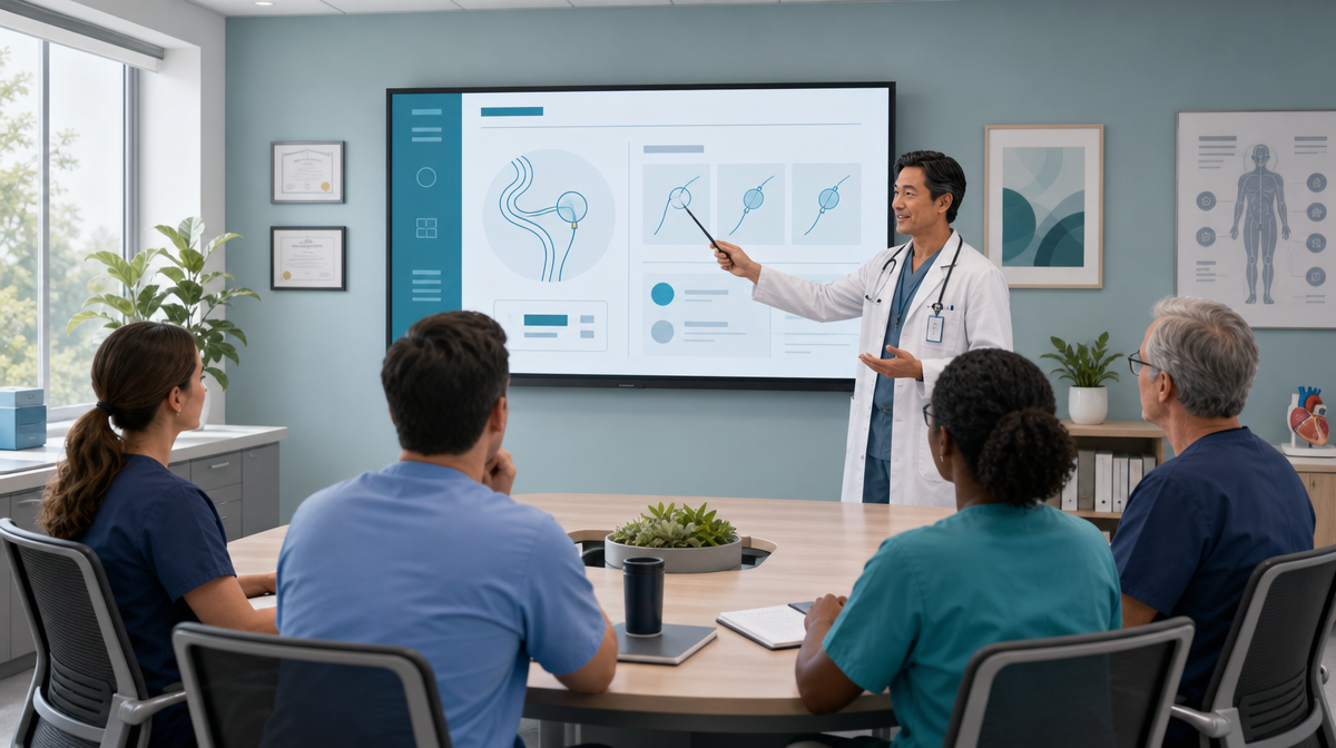 Doctor presents a procedure explanation on a wall screen to a seated patient care team in a bright consultation room.
