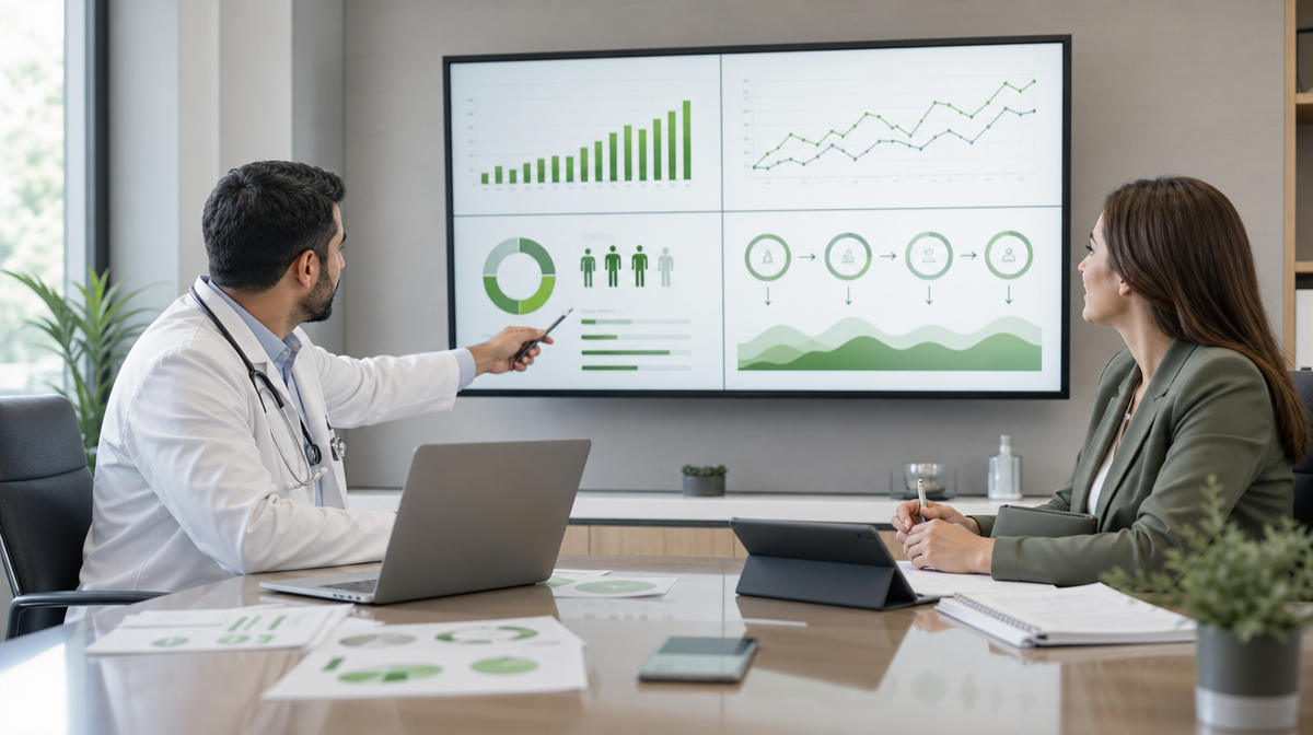 Physician and marketer review engagement graphs and search trends on a conference room display beside charts and a laptop.