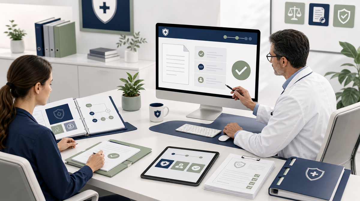 Physician approves an article draft while a copywriter organizes source files, forms, and a tablet in a clinical office.