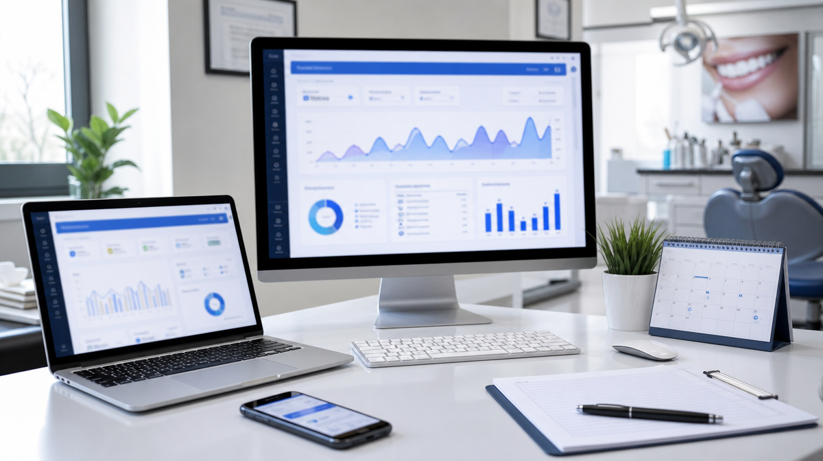 Dental clinic marketing desk with analytics charts on a monitor, laptop, smartphone, and calendar