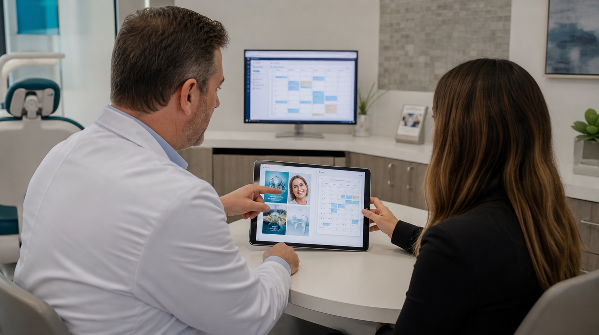 Dentist and practice manager review a tablet and booking calendar in a dental consultation room