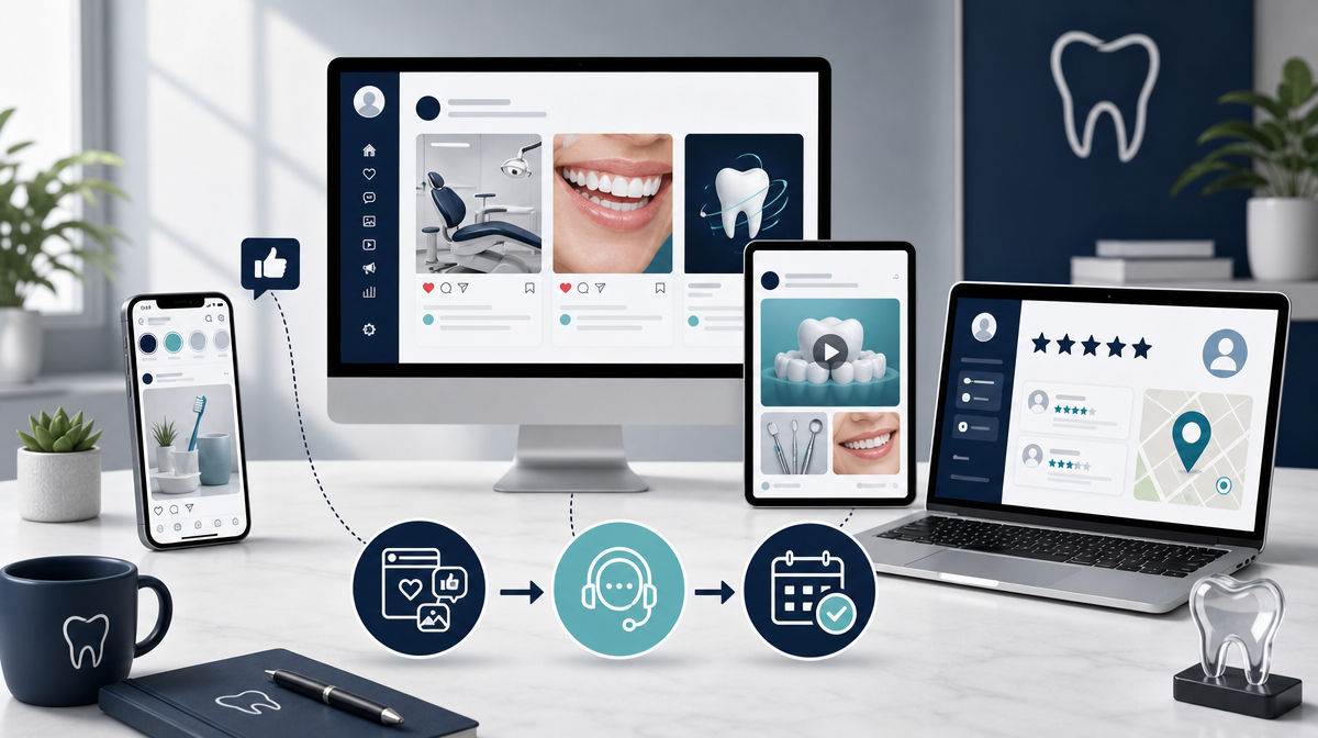 Dental marketing workspace with laptop, tablet, desktop, and arrows linking posts to inquiries
