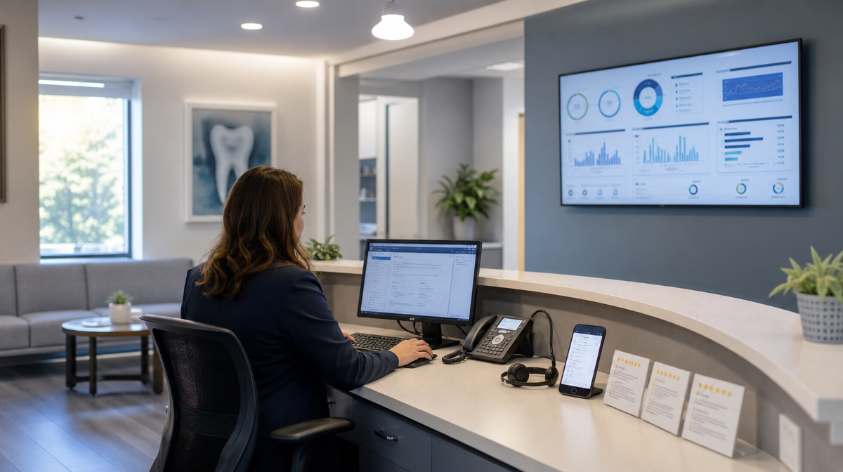 Receptionist enters a patient inquiry while campaign charts and review tools display nearby