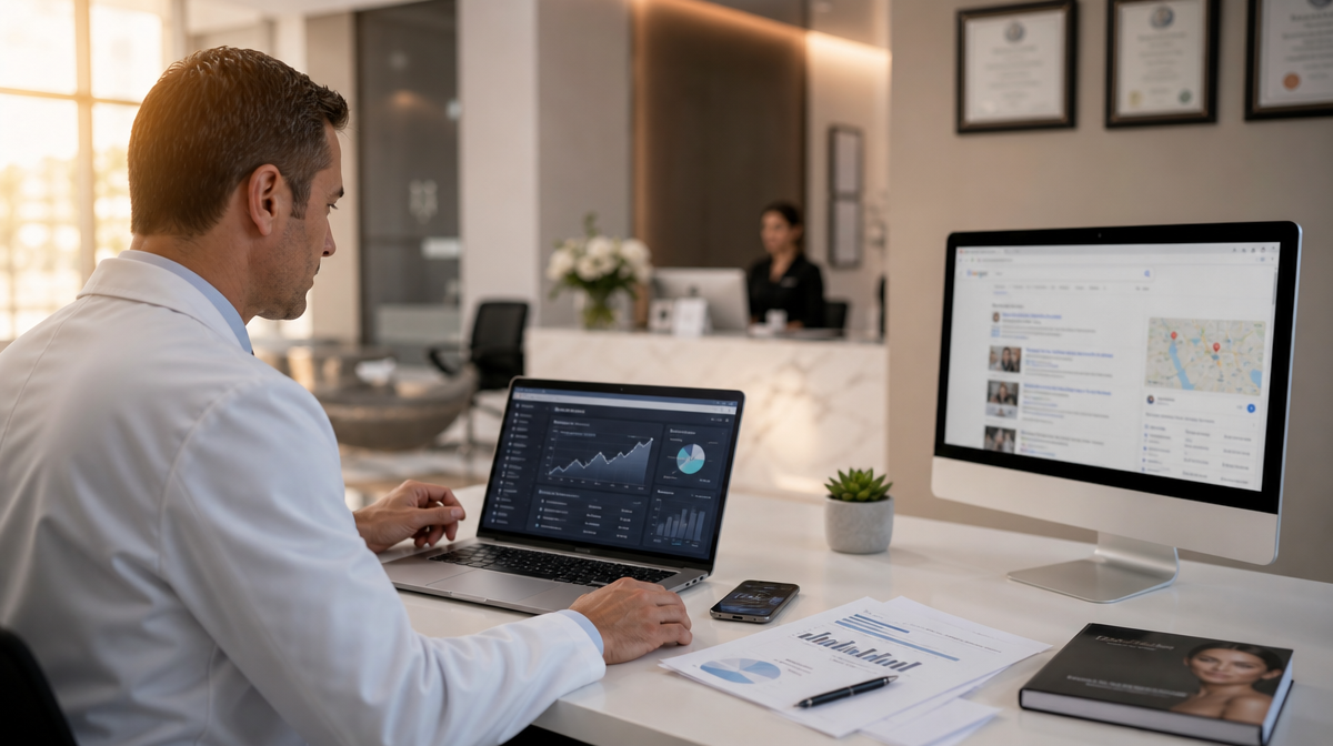 Surgeon reviews analytics on a laptop in a plastic surgery clinic office at sunset