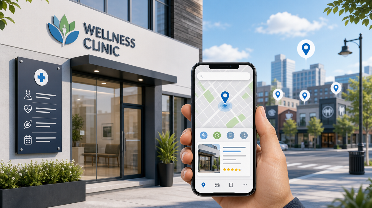 Clinic storefront and smartphone map with location pins for local patient discovery