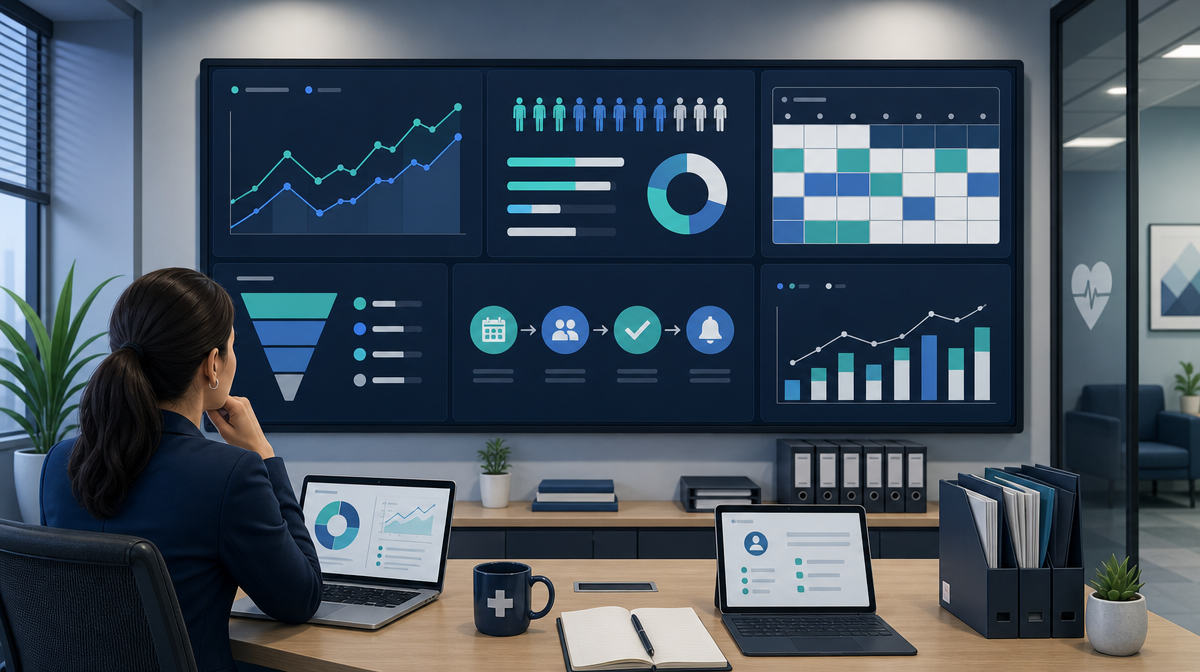 Team member reviews a patient retention dashboard with charts, calendars, and workstations