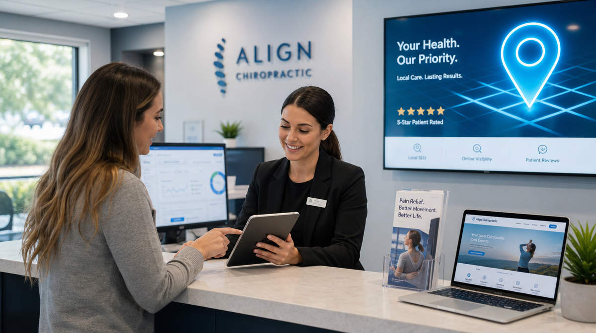 Clinic receptionist helps a patient on a tablet beside a glowing map pin display.