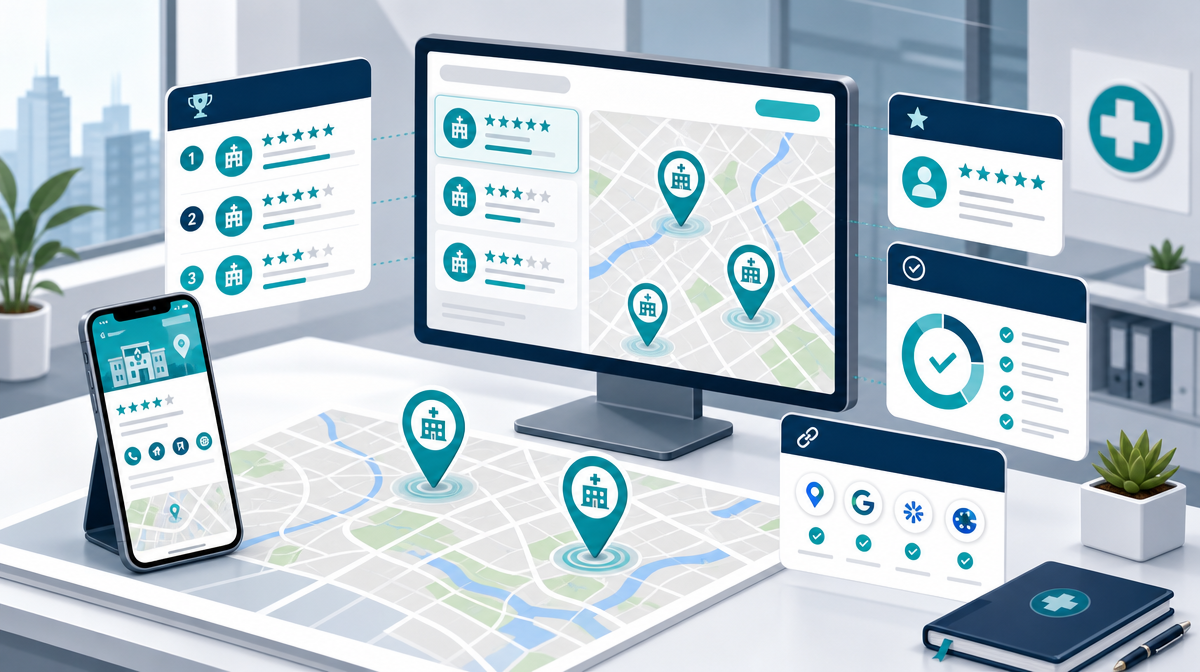 Office scene with a map, clinic markers, and screens showing local search rankings.