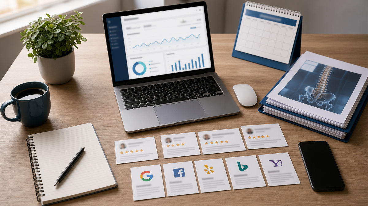 Chiropractor marketing desk with laptop analytics, review cards, notebook, and coffee.