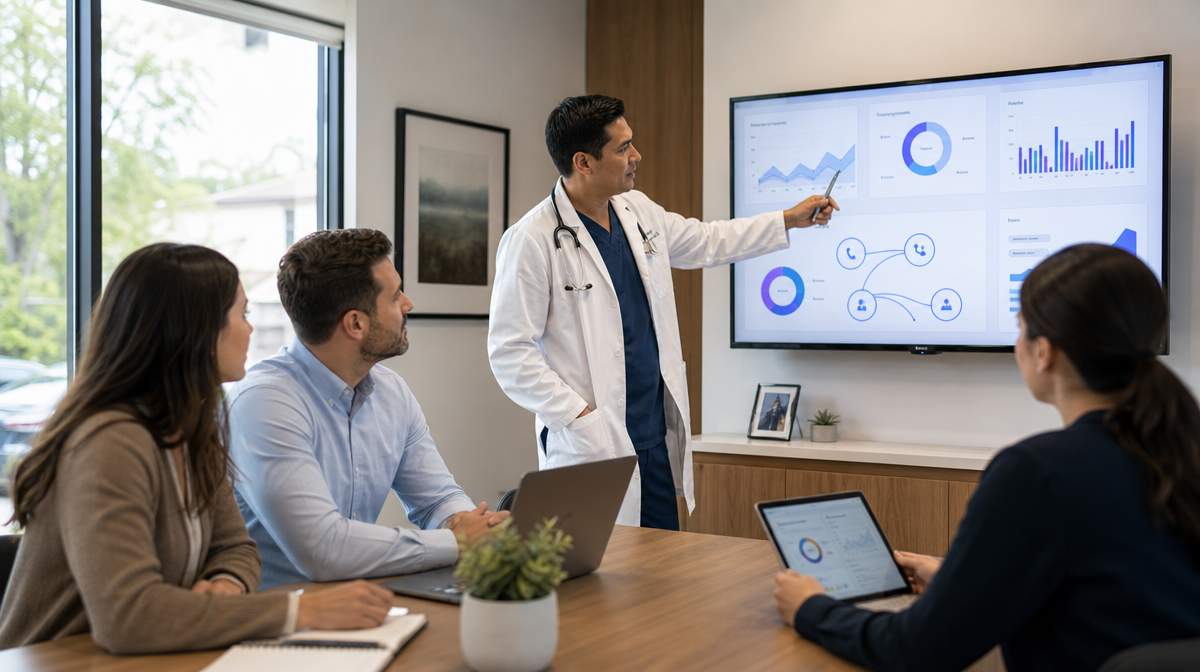 Doctor and staff review campaign dashboards on a laptop in a private practice office.