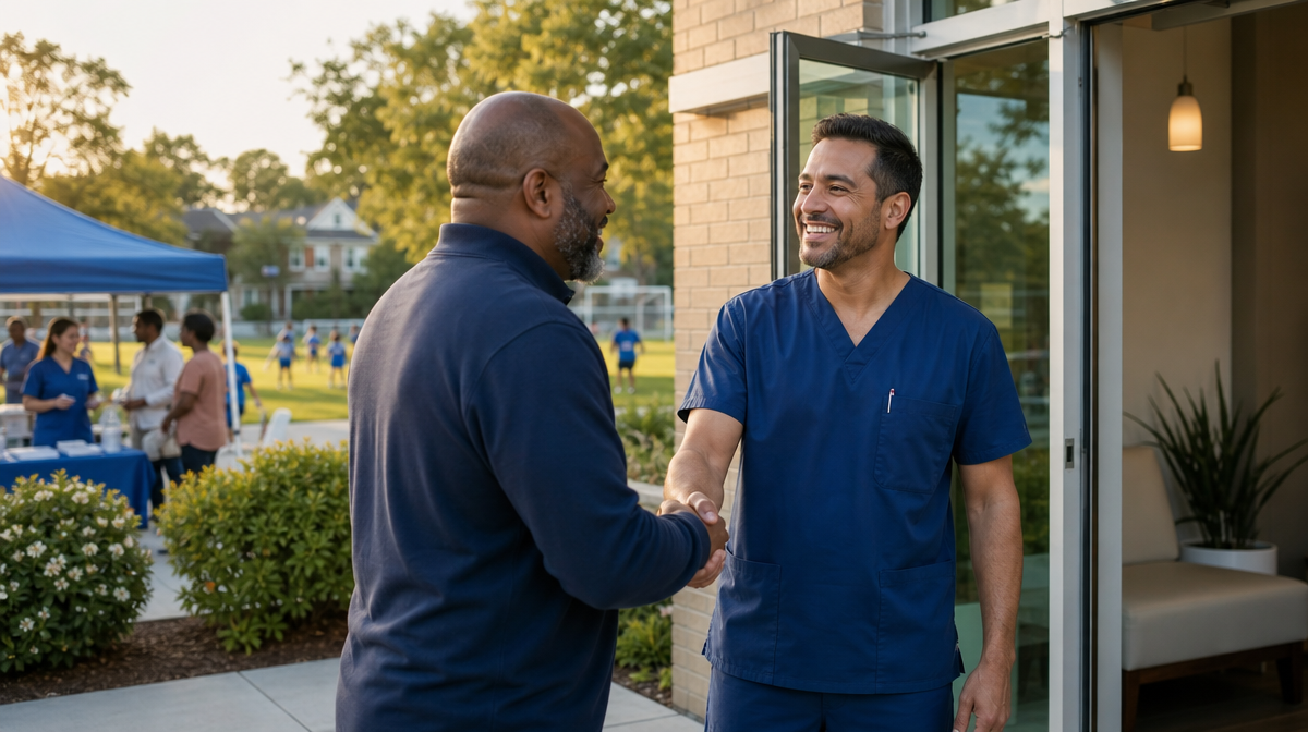 Practitioner greets a community partner outside a neighborhood clinic near a health fair tent.