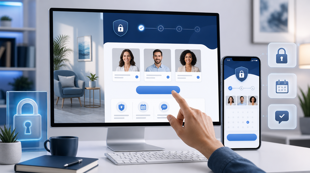 Desktop monitor and smartphone show a private practice booking site with secure scheduling icons.
