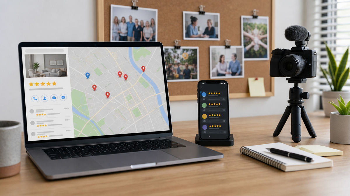 Laptop map pins, review icons, and a tripod camera show local search and reputation marketing.