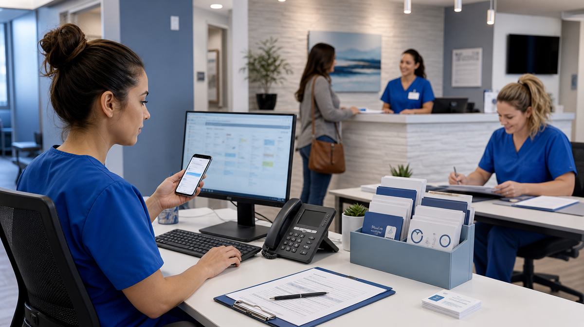 Nurse sends follow-up messages at a desk while staff handle checkout and call lists nearby