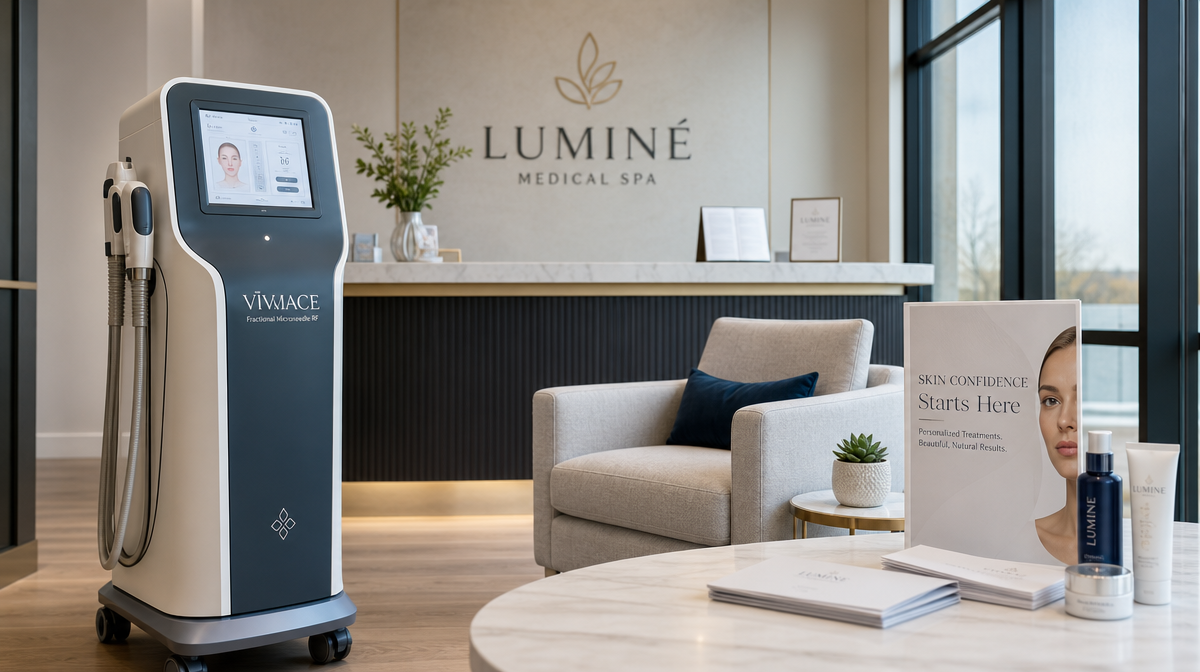 Medical spa reception with a Morpheus8 device beside consultation materials and a chair