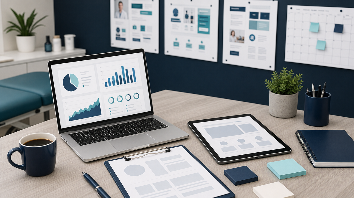 Clinic marketing desk with laptop charts, campaign mockups, sticky notes, and blurred planning boards