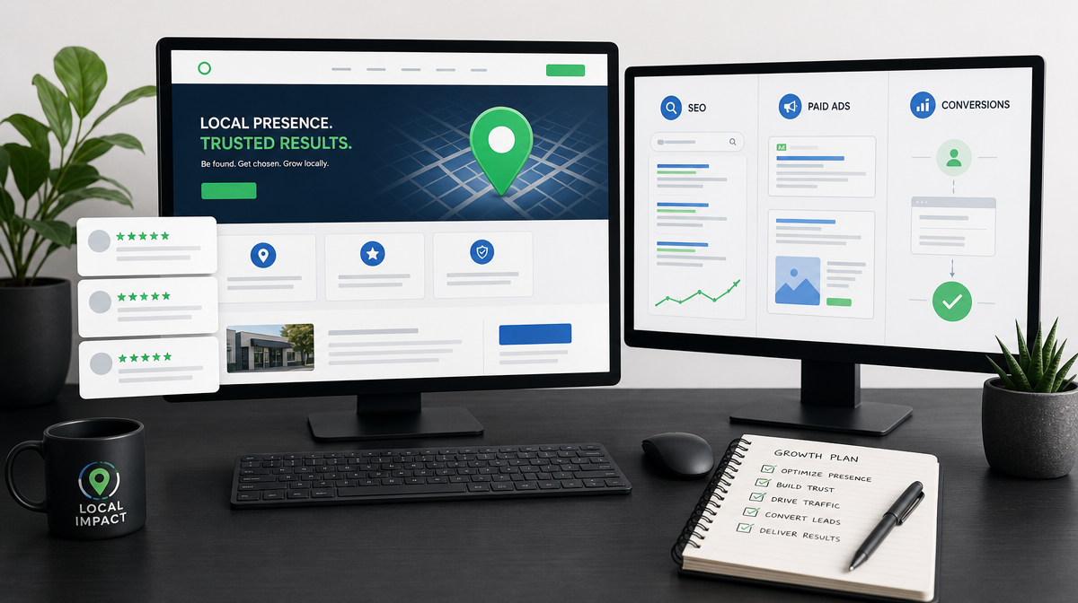 Desk setup with smartphone, map pin, review cards, and SEO and ads dashboards